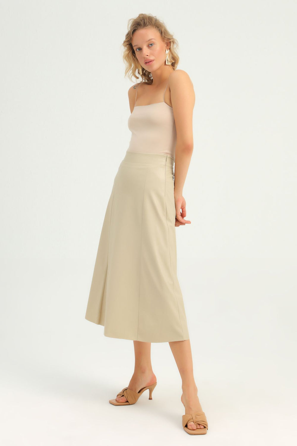 Leather Midi Skirt Stone