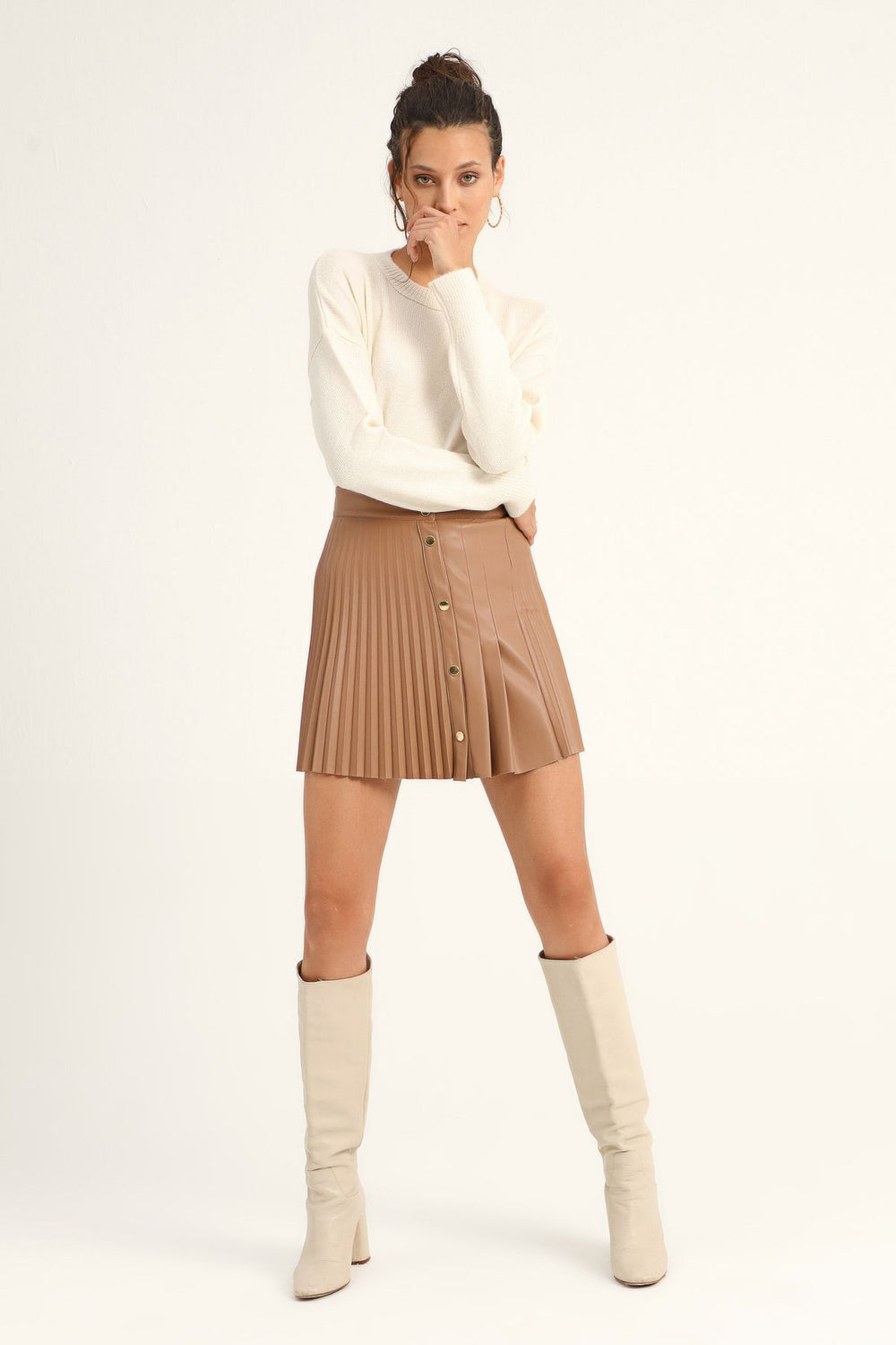 Leather Pleated Mini Skirt Camel