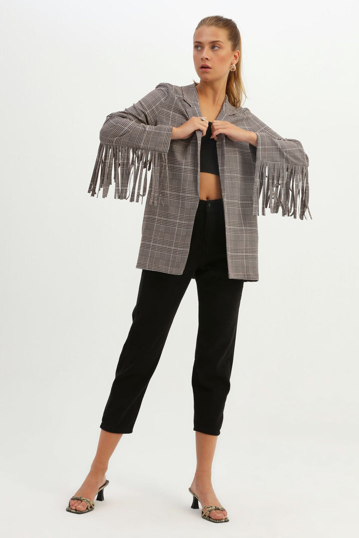 Back Tasseled Striped Blazer Jacket Gray