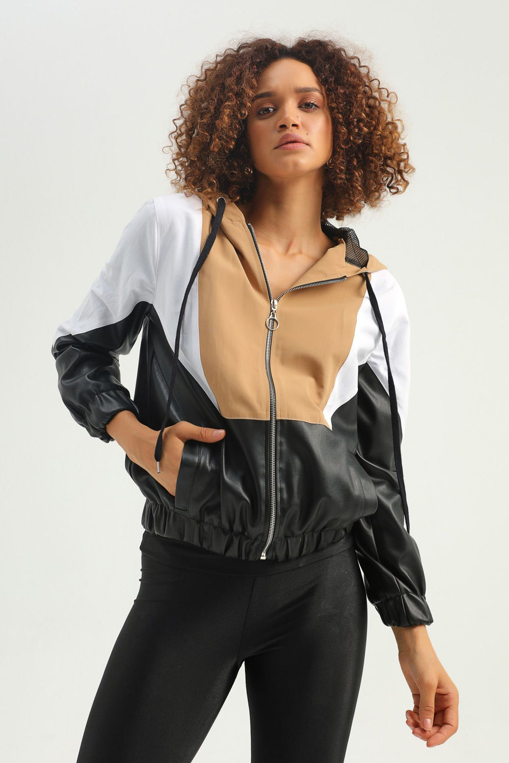 Blocked Leather Detailed Bomber Jacket Black