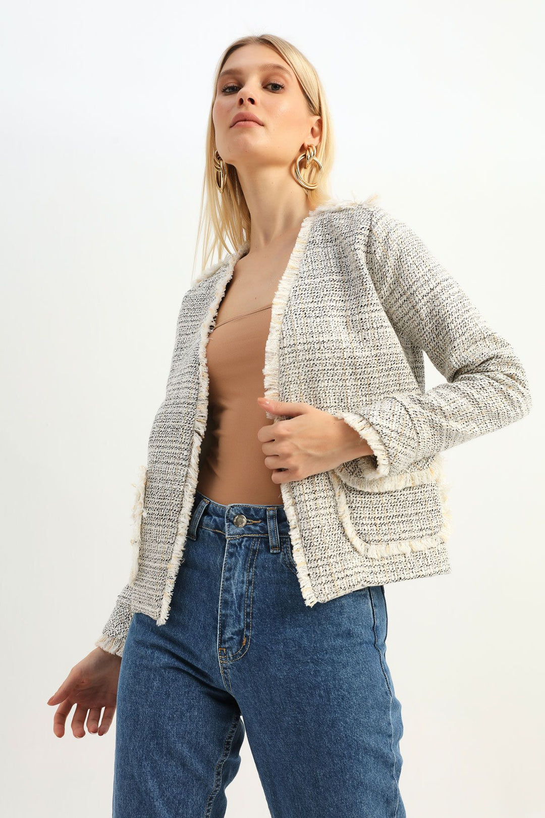 Pocket Tweed Tasseled Jacket Black