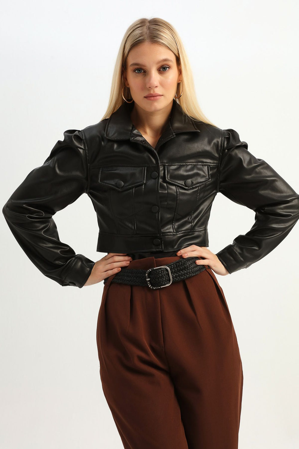 Balloon Sleeve Crop Leather Jacket Black
