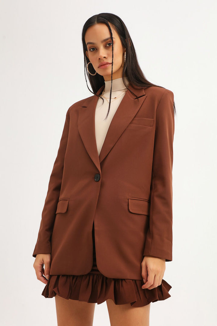 Single Button Blazer Jacket Dark Brown