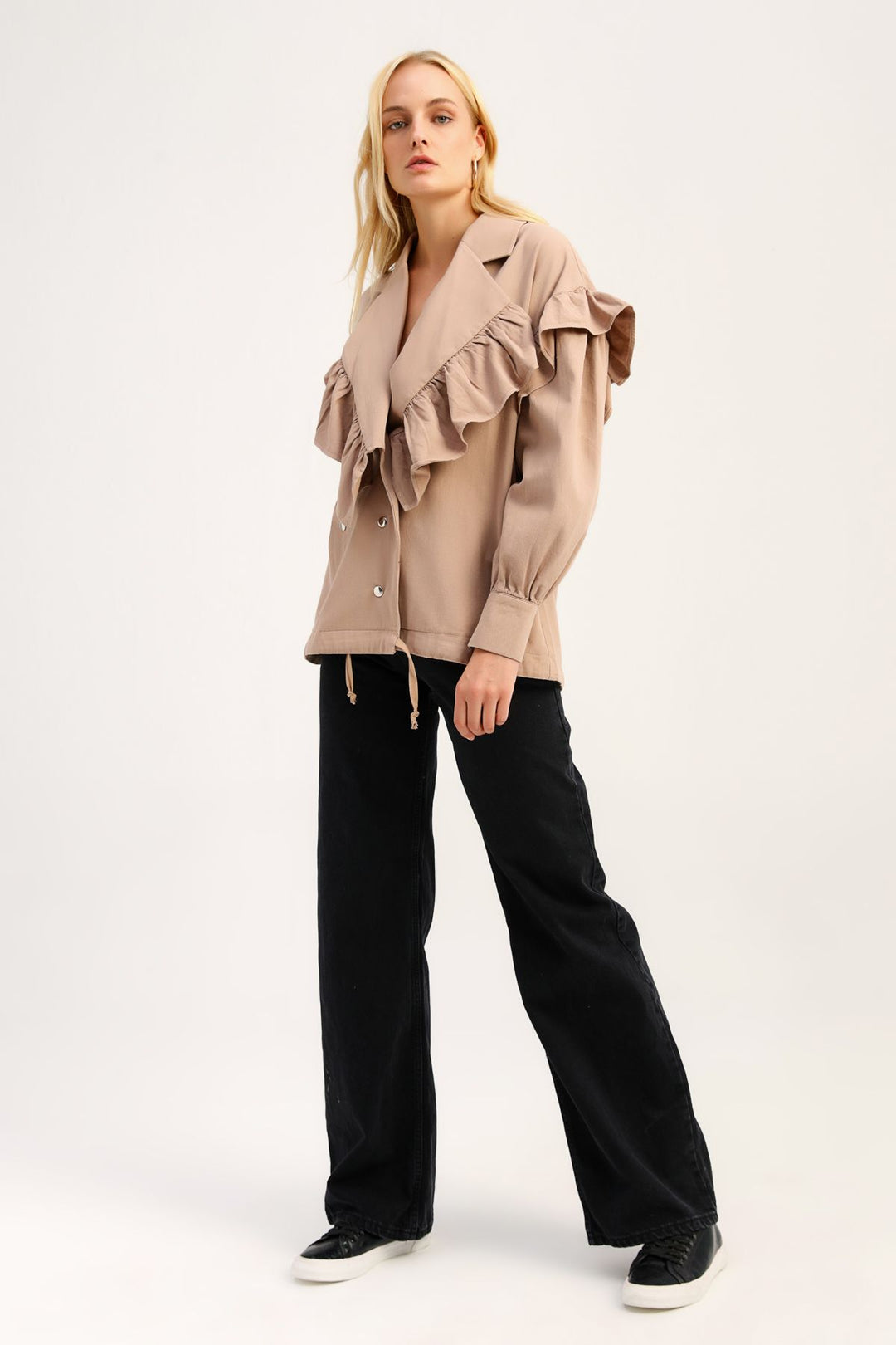 Double Breasted Frilly Jacket Camel