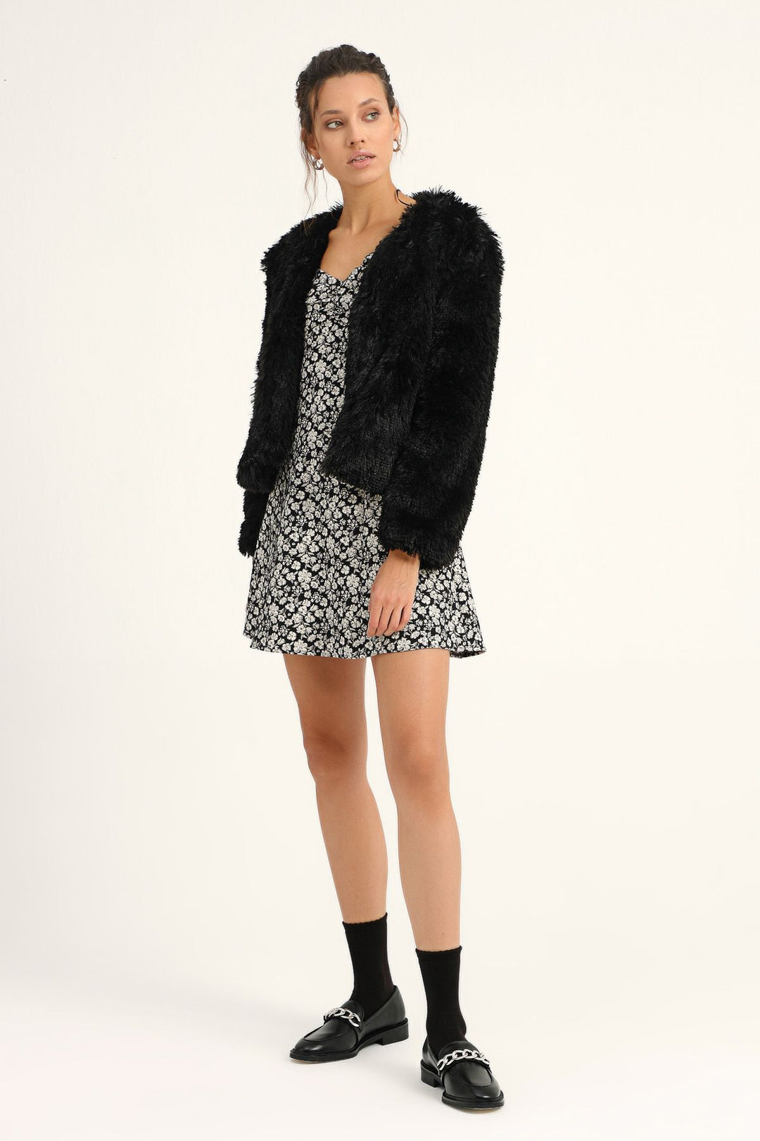 Peluş Kısa Ceket Siyah