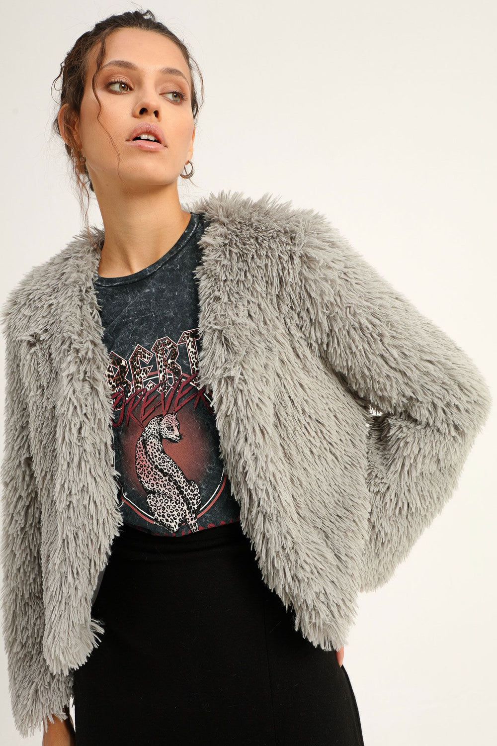 Peluş Kısa Ceket Gri