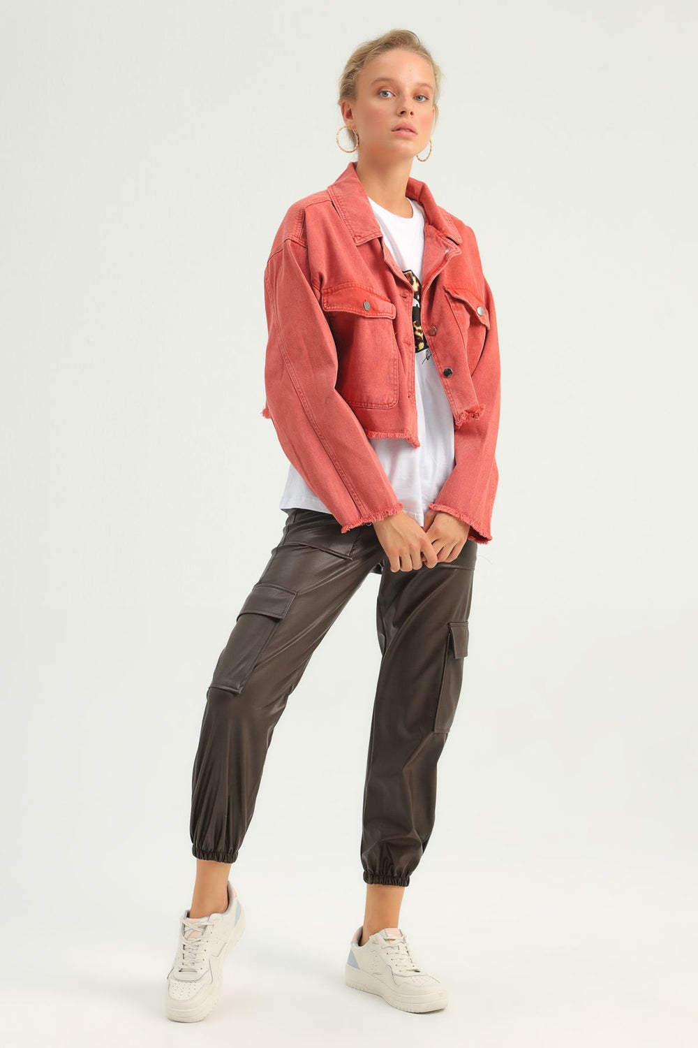 Püsküllü Crop Kot Ceket Kiremit