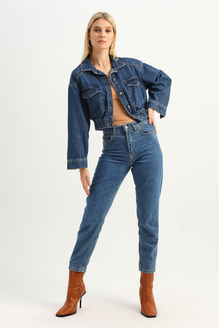 Beli Lastikli Crop Kot Ceket Mavi