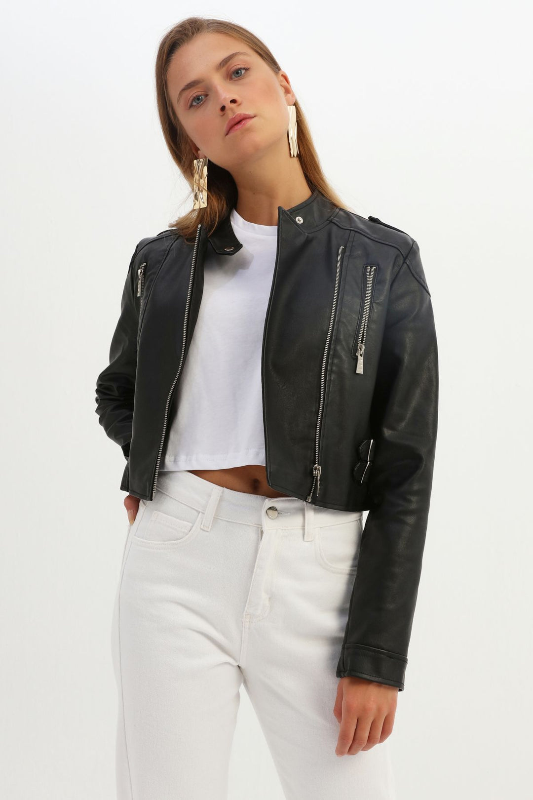 Belt Detailed Biker Leather Jacket Black
