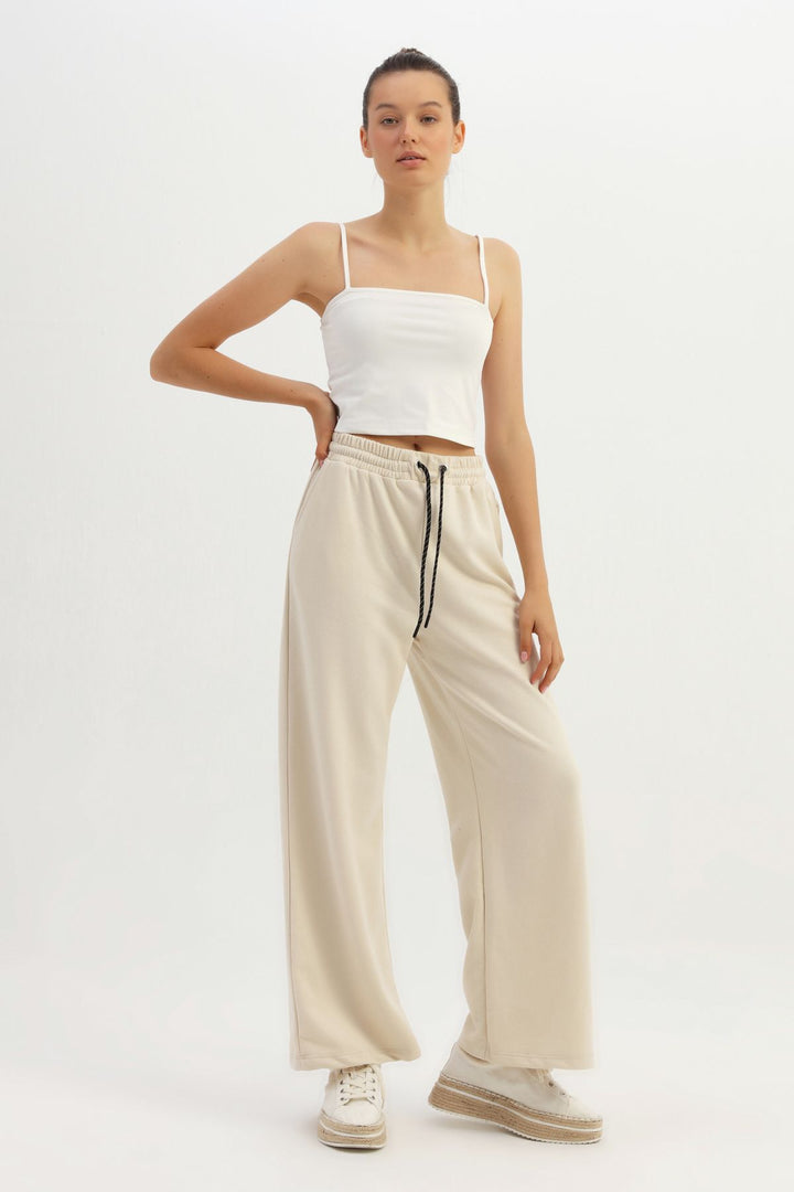 Elastic Waist Wide Leg Tracksuit Beige