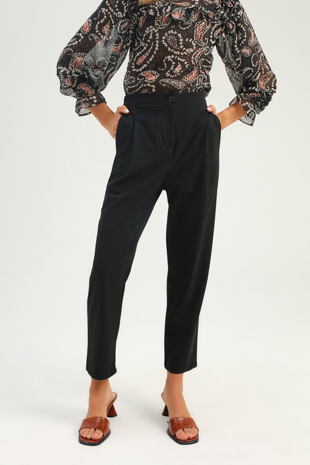 Yüksek Bel Beli Lastikli Pantolon Siyah