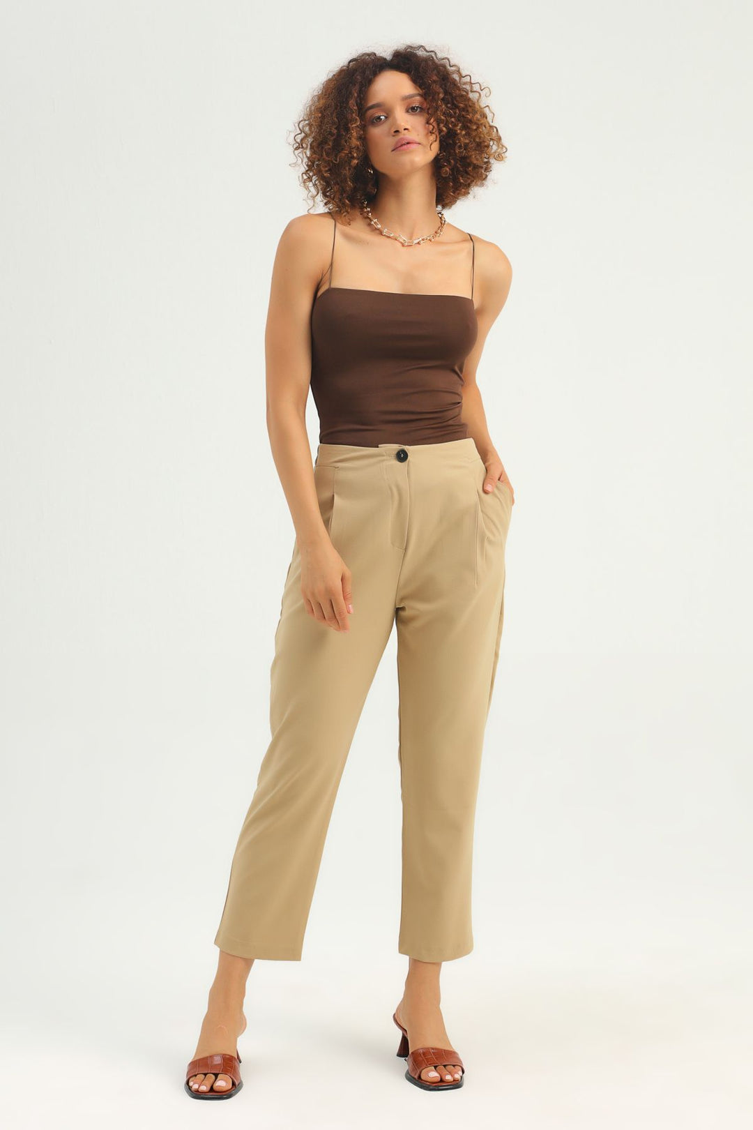 Yüksek Bel Beli Lastikli Pantolon Taş