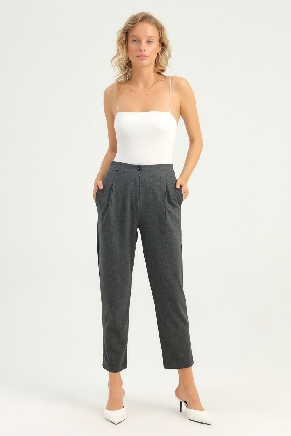 Yüksek Bel Beli Lastikli Pantolon Antrasit