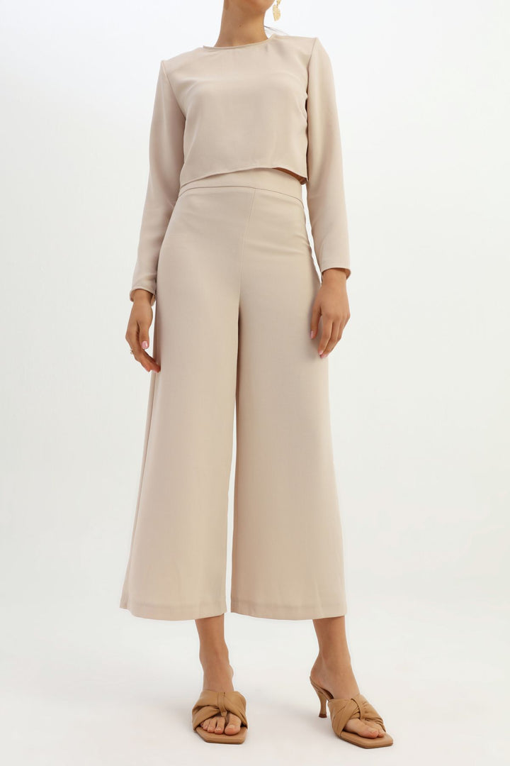 Yüksek Bel Bol Paça Pantolon Bej