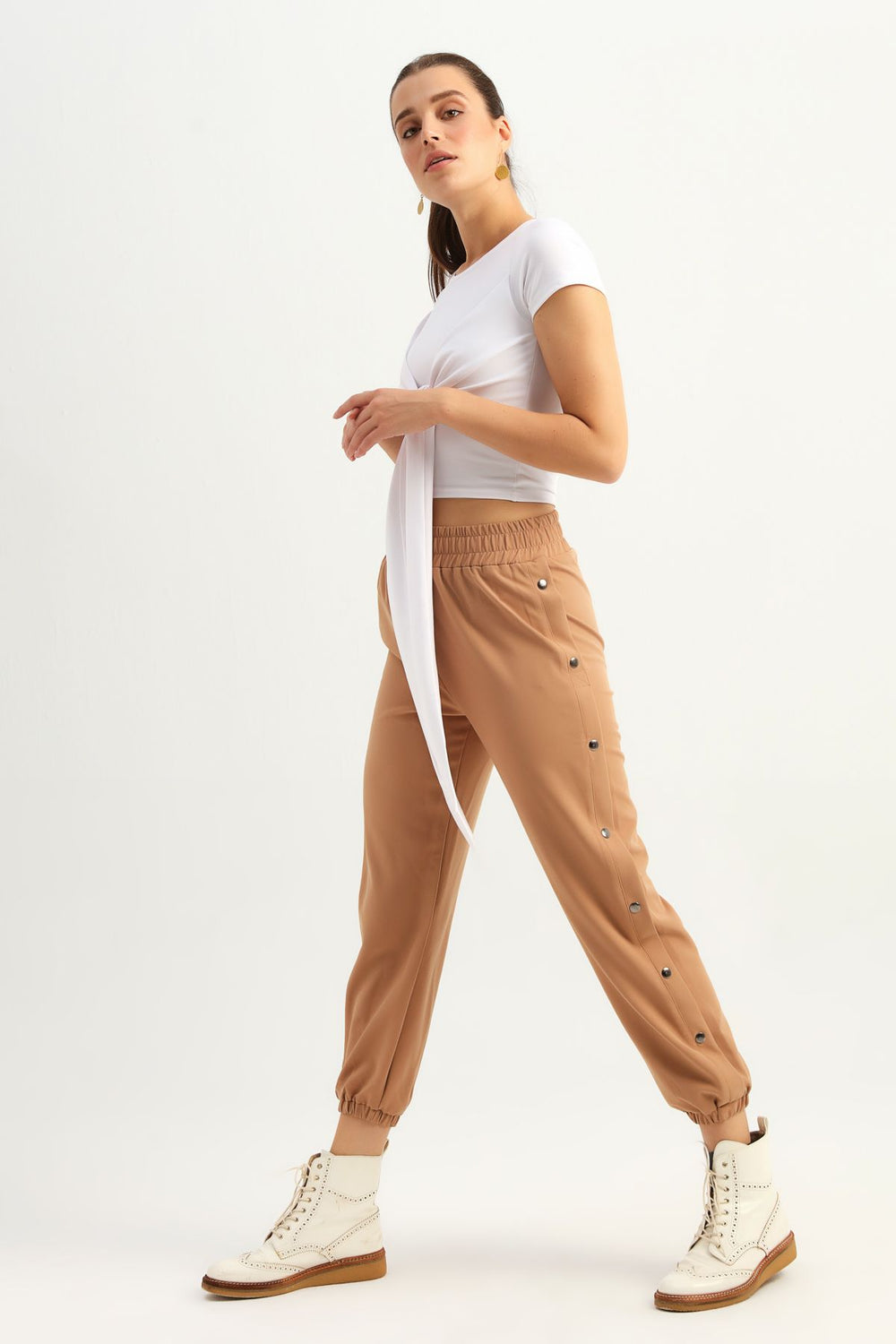 Side Snaps Jogger Pants Camel