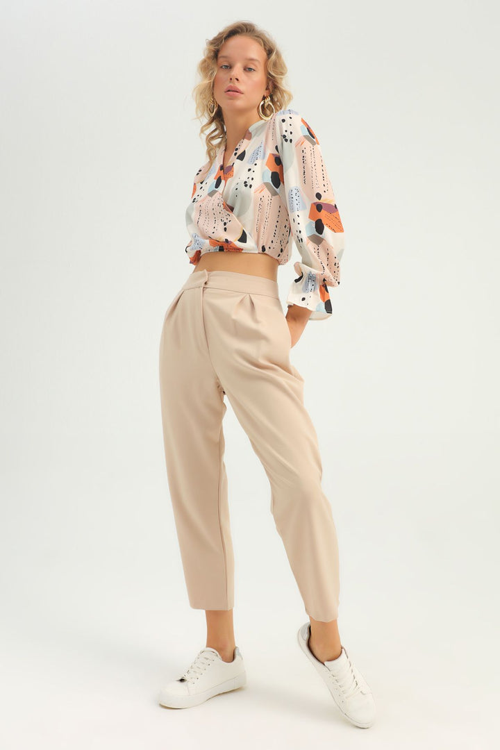 Pileli Yüksek Bel Pantolon Bej