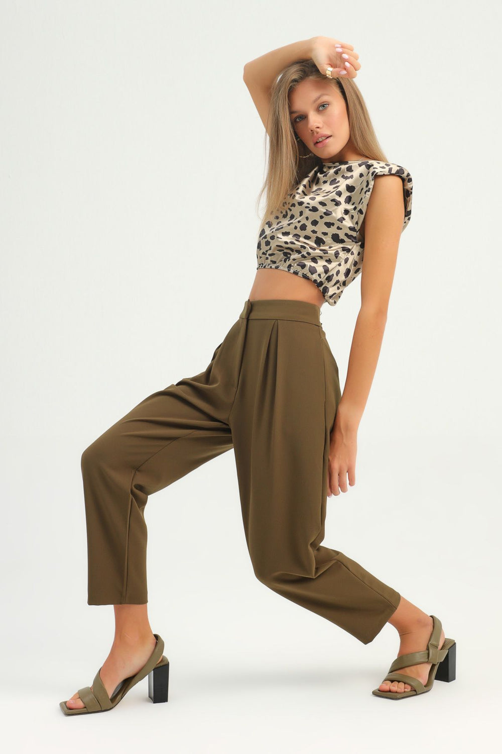 Pileli Yüksek Bel Pantolon Haki