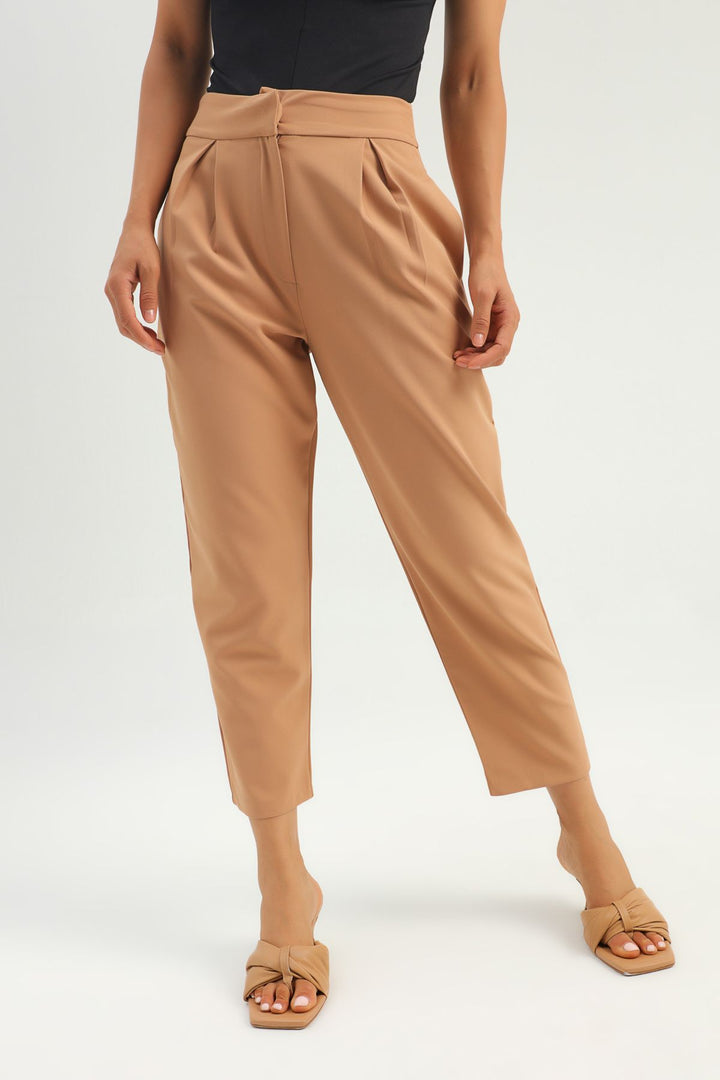 Pileli Yüksek Bel Pantolon Camel