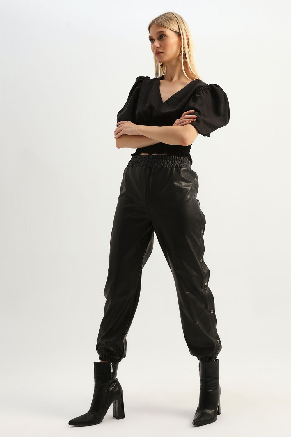 Side Snaps Leather Jogger Pants Black