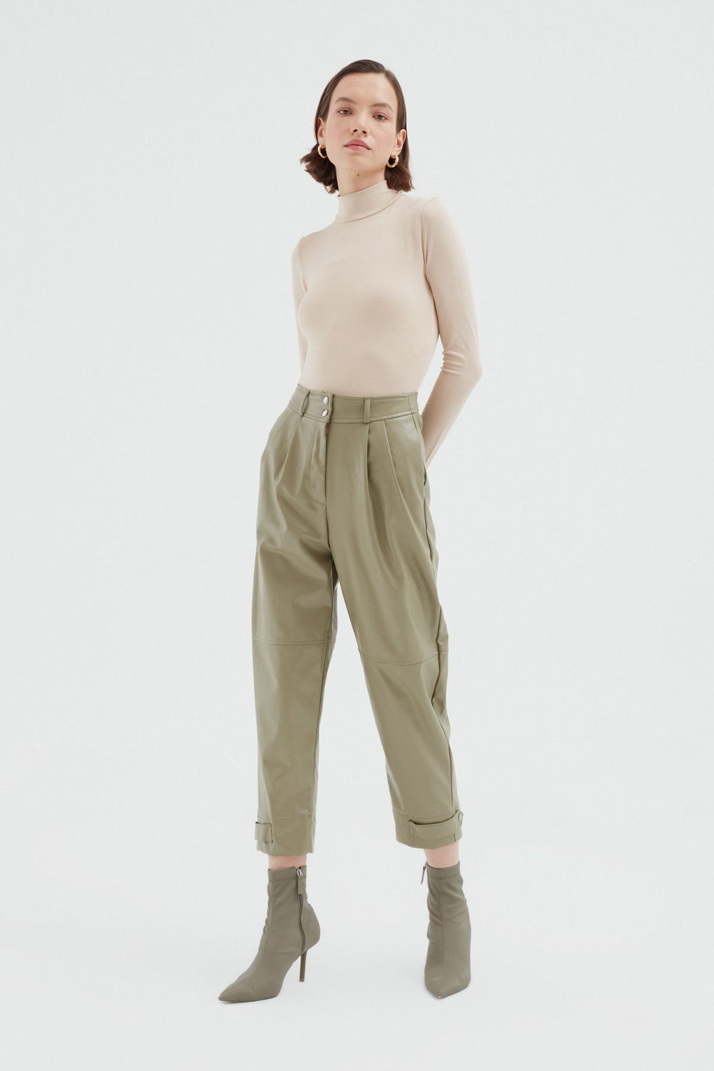 Leather Jogger Khaki With Snap Legs