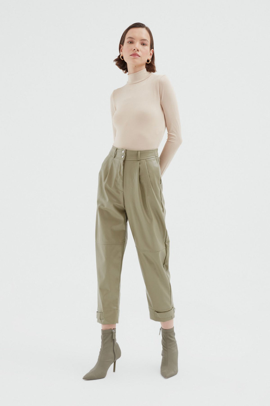 Leather Jogger Khaki With Snap Legs