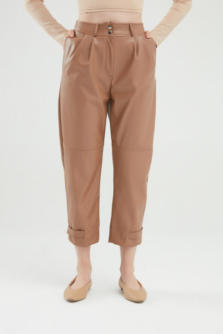 Leather Jogger Camel With Snap Legs