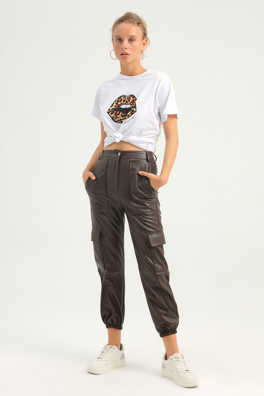Cargo Pocket Leather Jogger Pants Brown