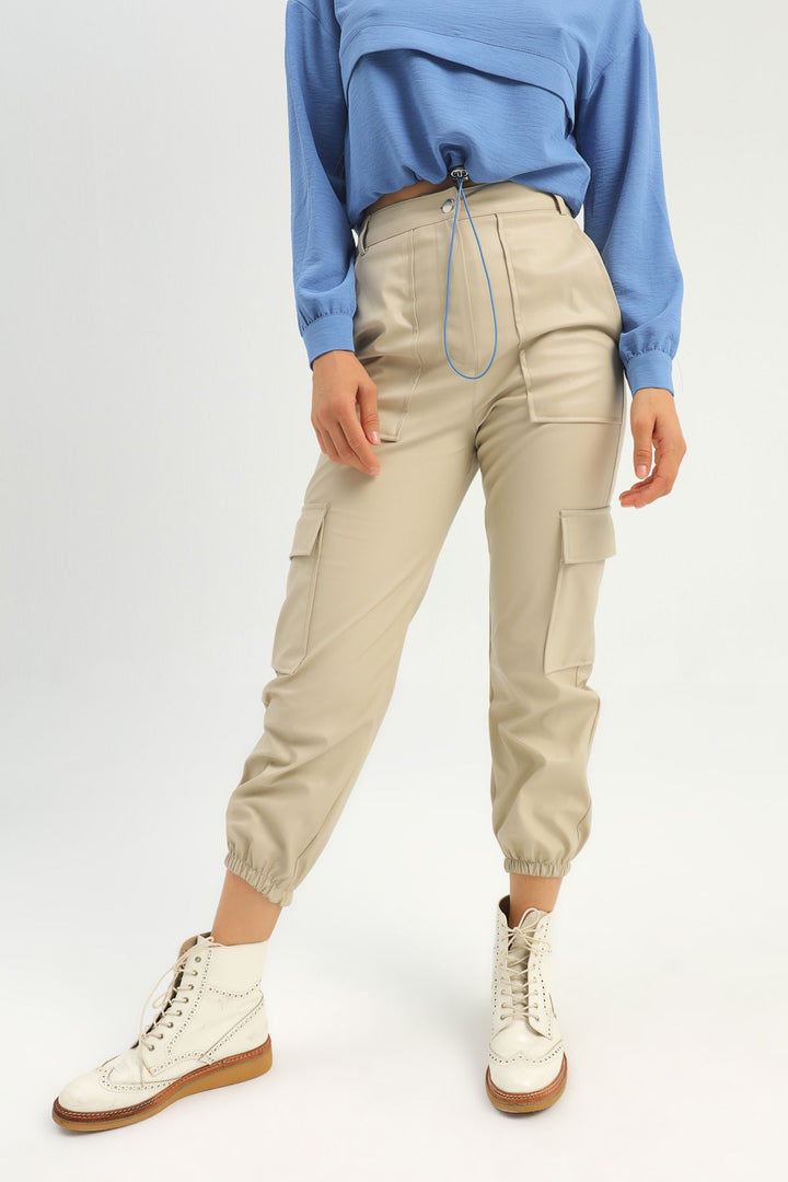 Cargo Pocket Leather Jogger Trousers Stone