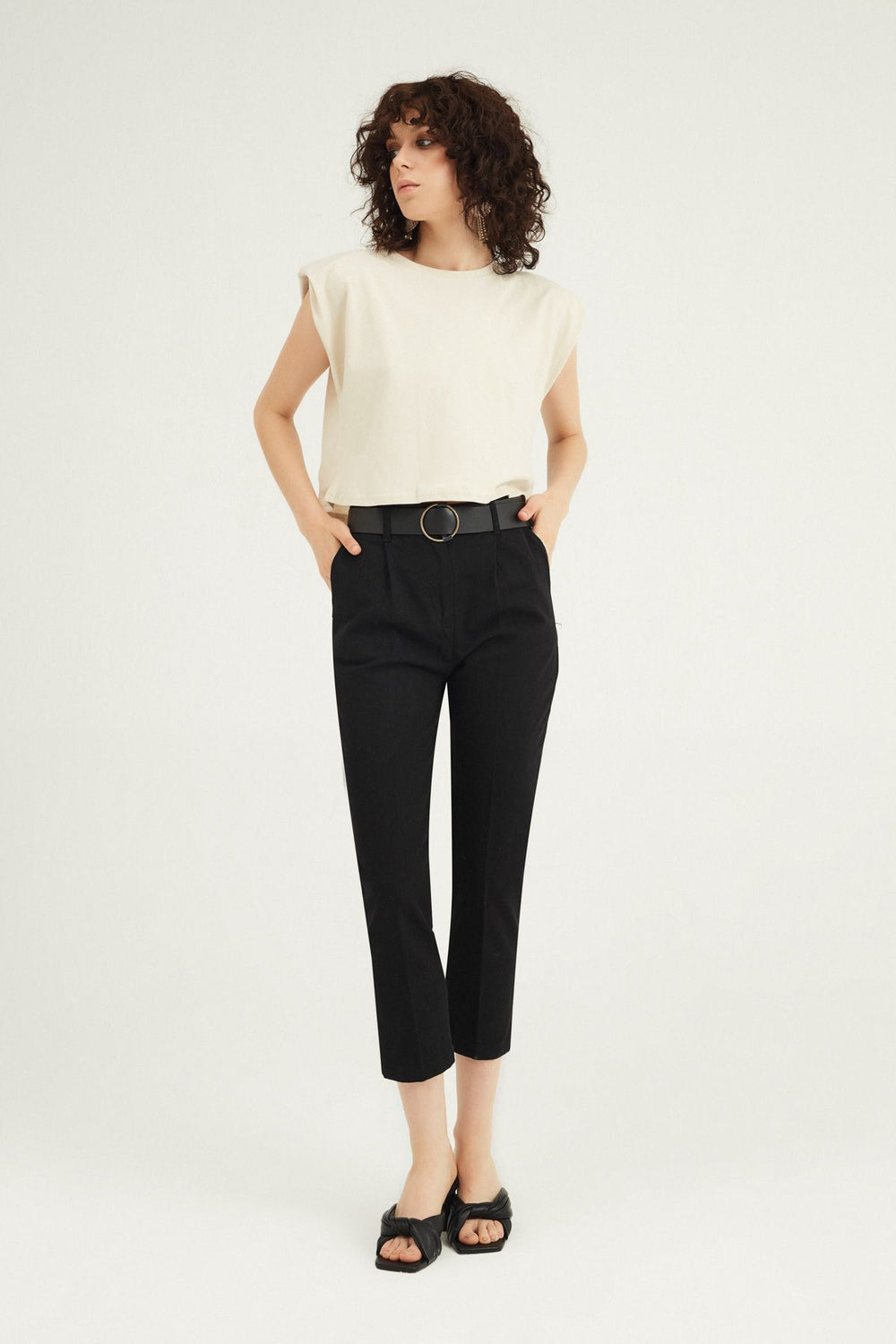 Belted High Waist Trousers Black