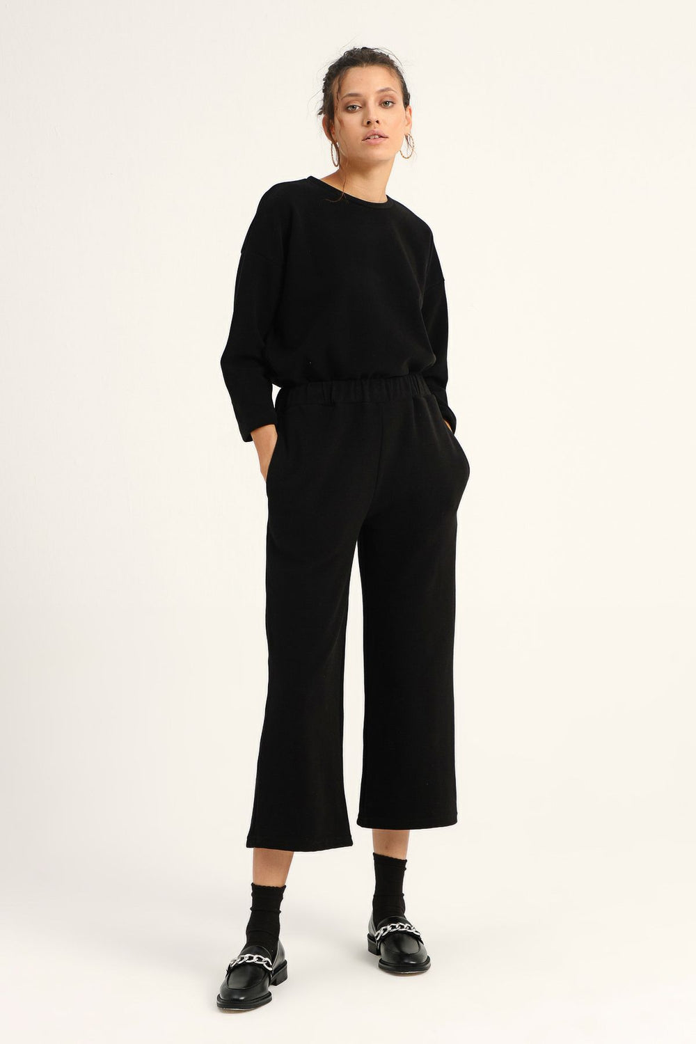 Elastic Waist Wide Leg Tracksuit Black