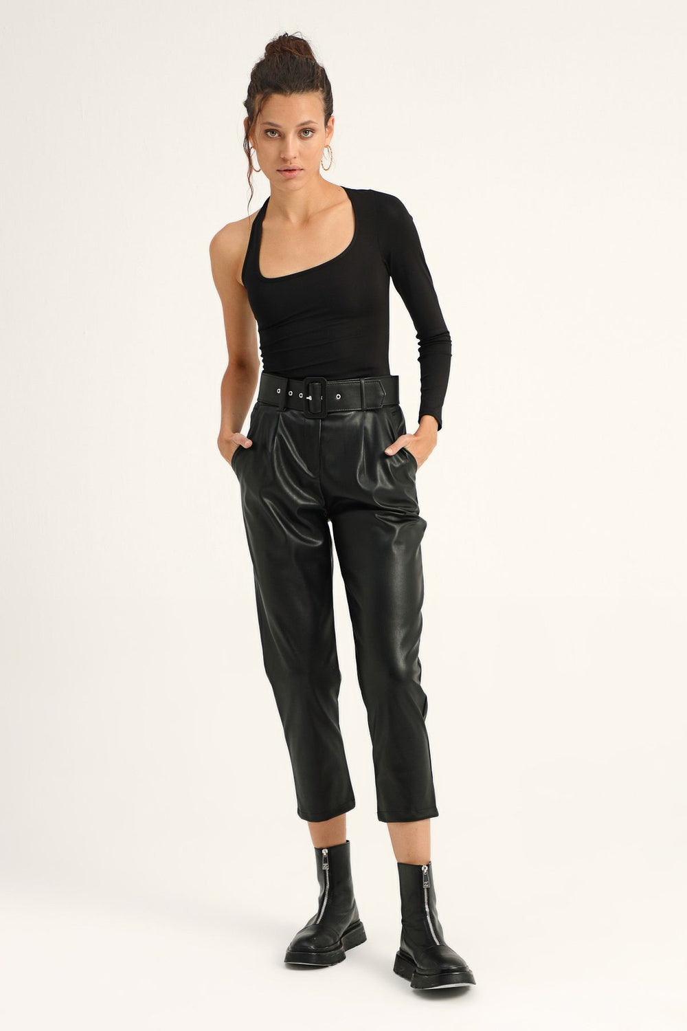 Belted Leather Trousers Black