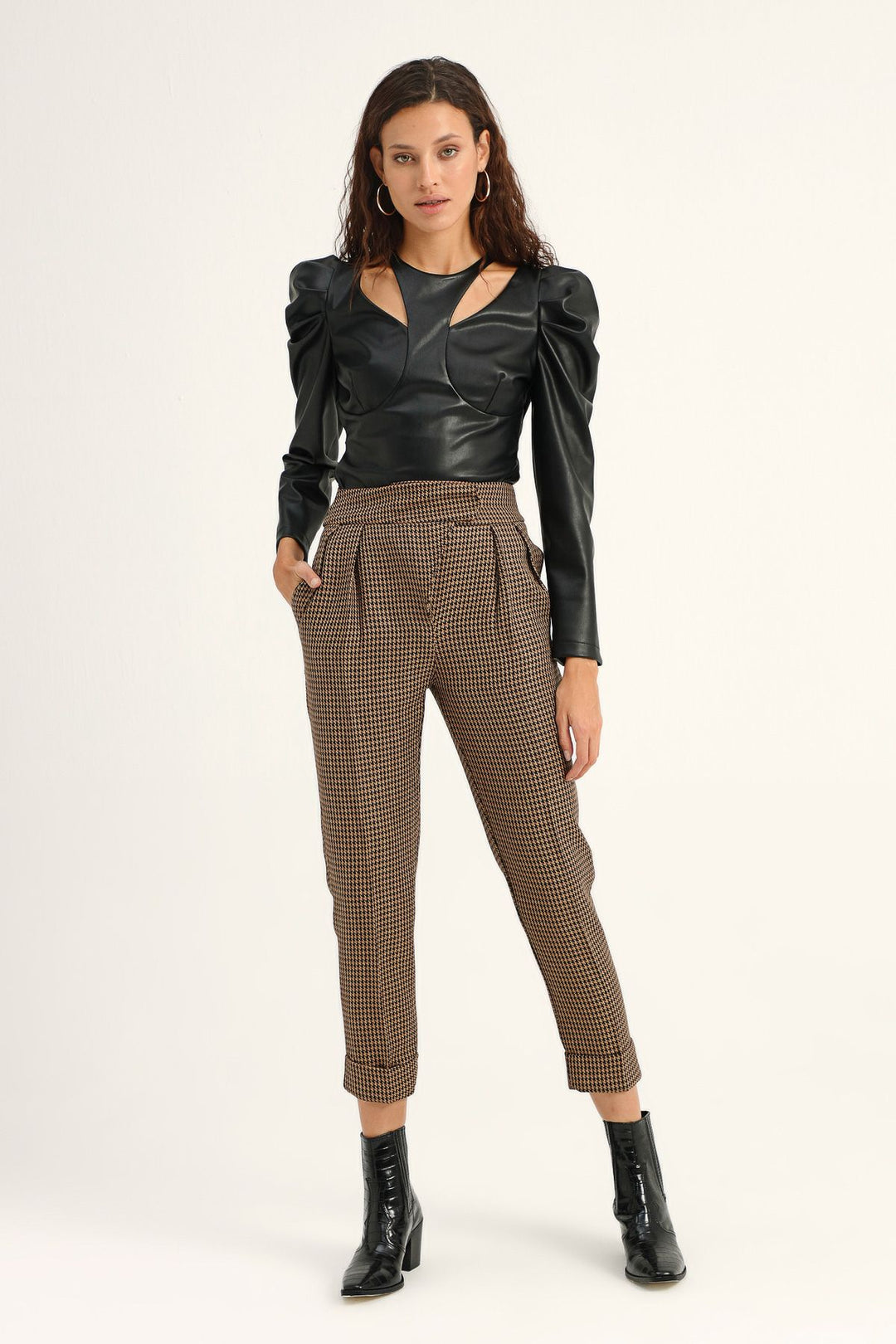 Çizgili Duble Paça Pantolon Kahverengi