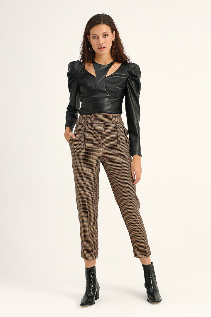 Çizgili Duble Paça Pantolon Kahverengi