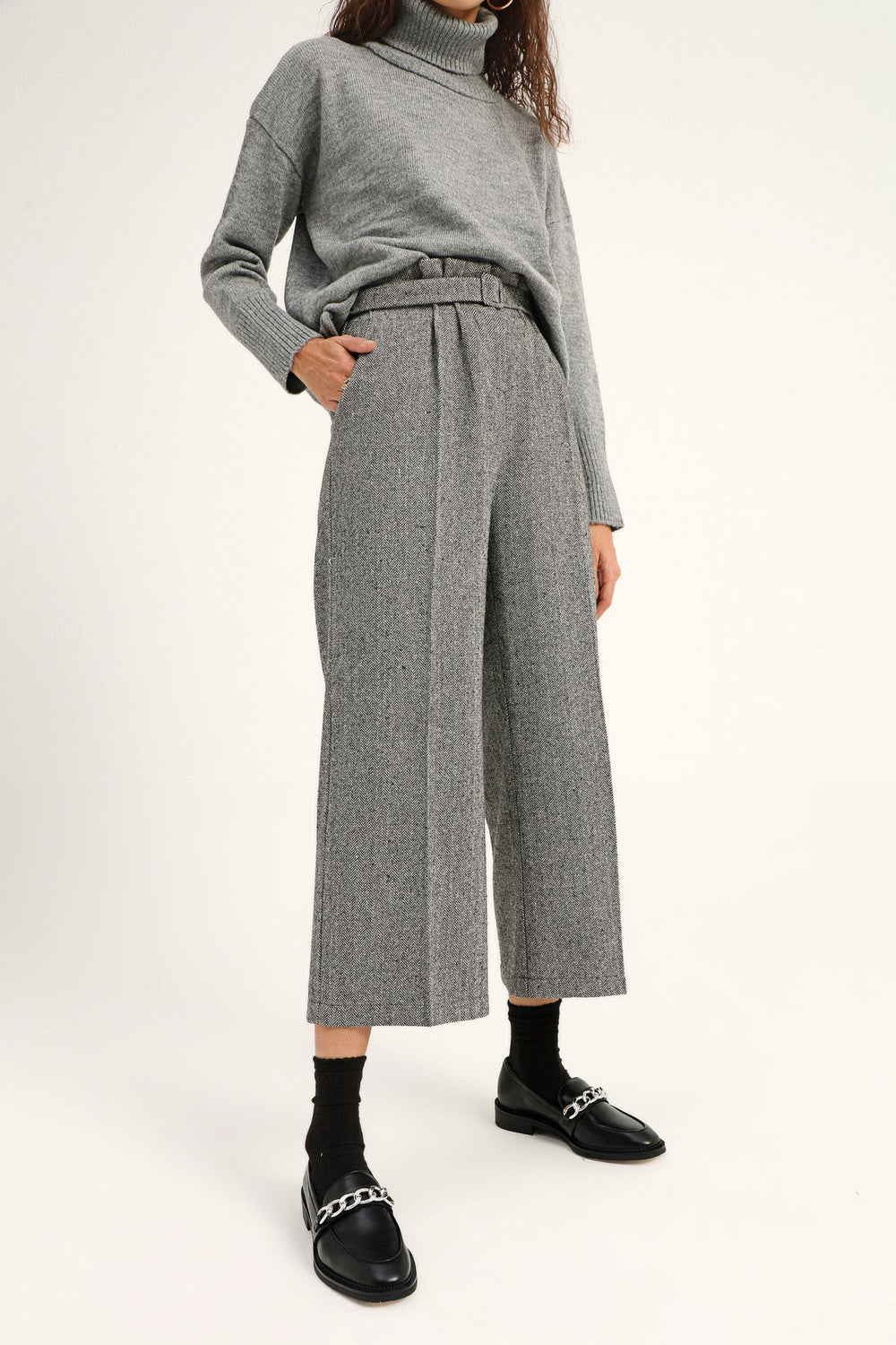 Kemerli Bol Paça Pantolon Gri