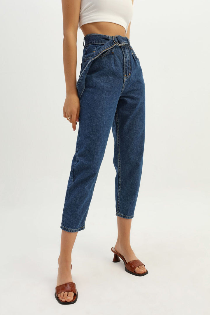 Kemerli Mom Jean Mavi