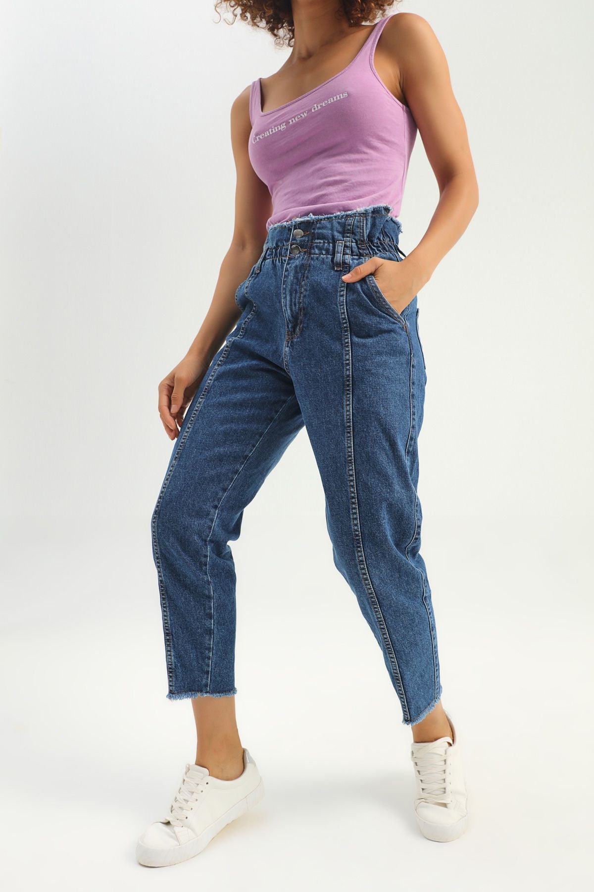 Elastic Waist Mom Pants Blue