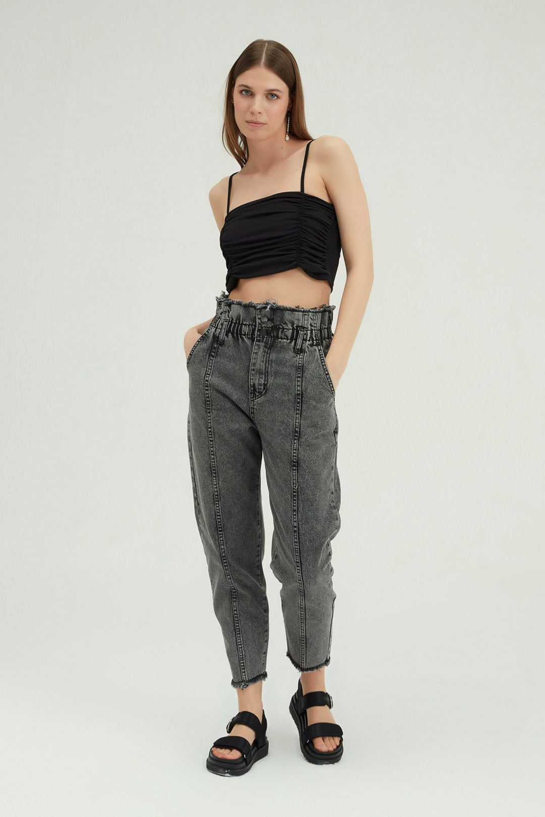 Beli Lastikli Mom Pantolon Gri