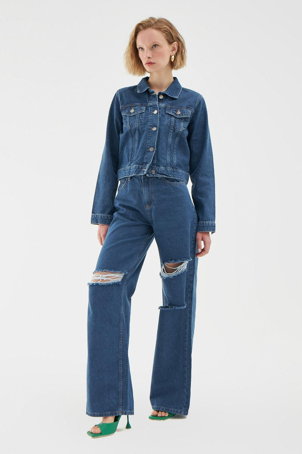 Ripped Detailed Wide Leg Jeans Blue