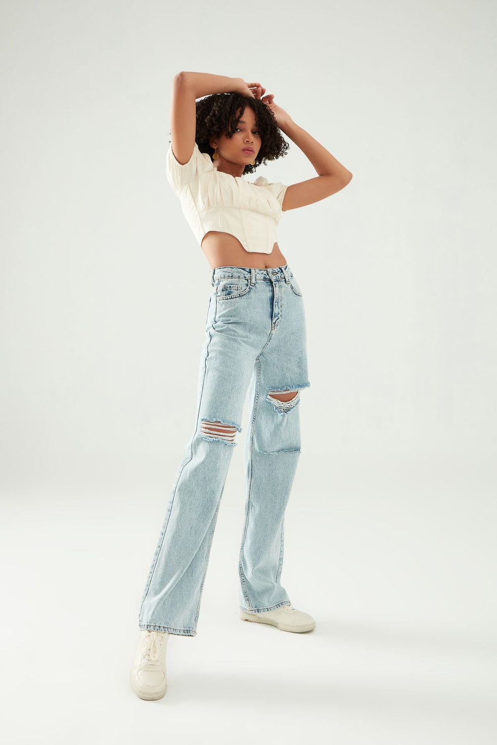 Ripped Detailed Wide Leg Jeans Ice Blue