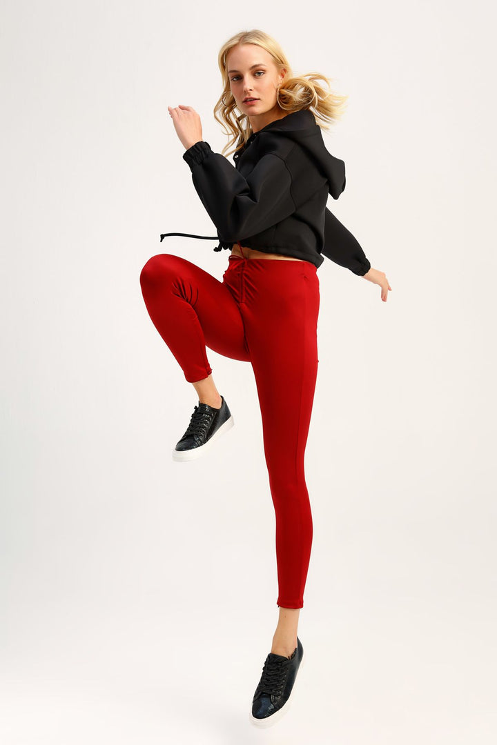 Bağcık Detaylı Yüksek Bel Tayt Bordo