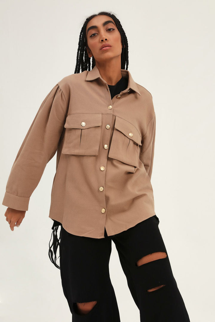 Balloon Sleeve Pocket Shirt Brown