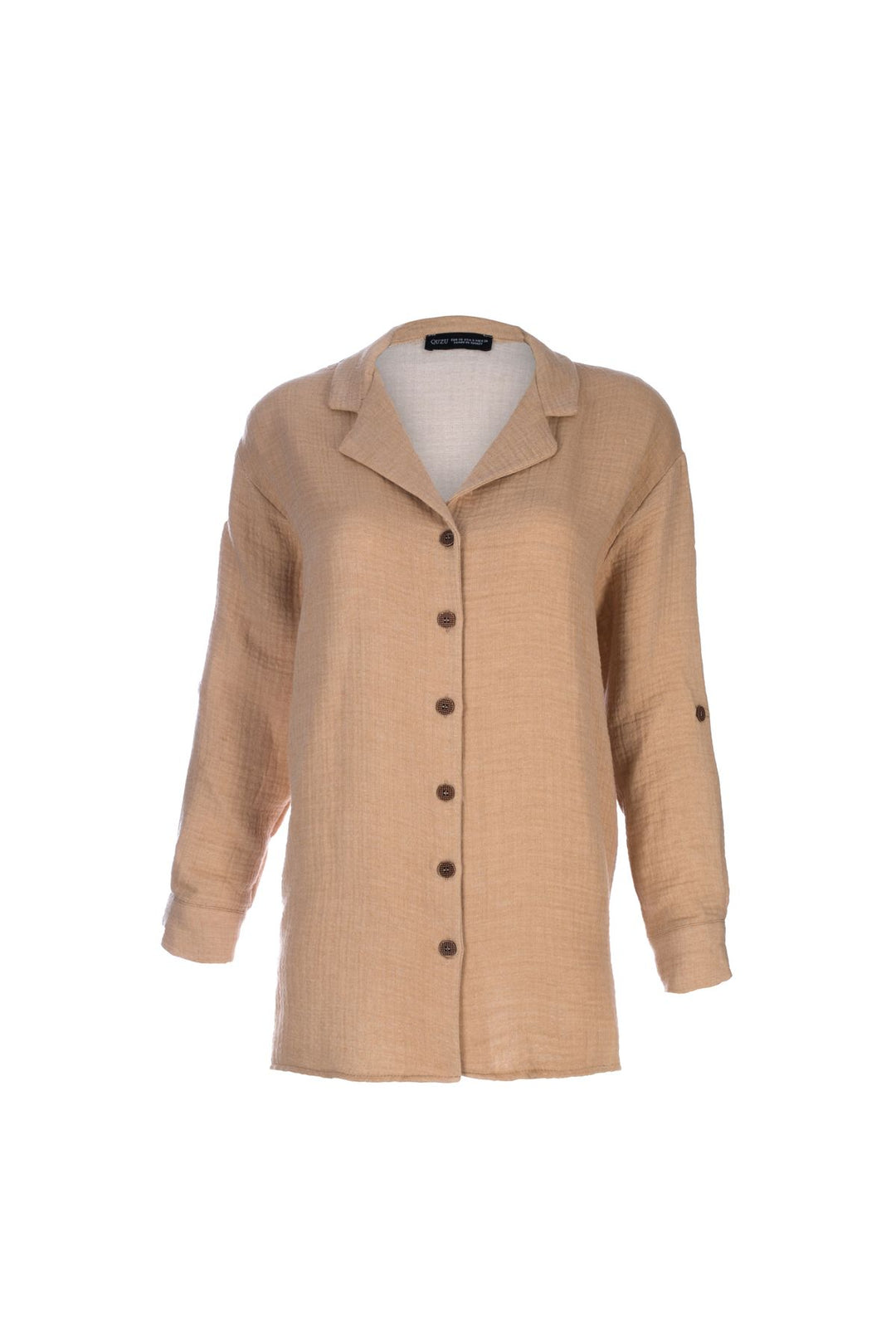 V Yaka Düğmeli Gömlek Bej