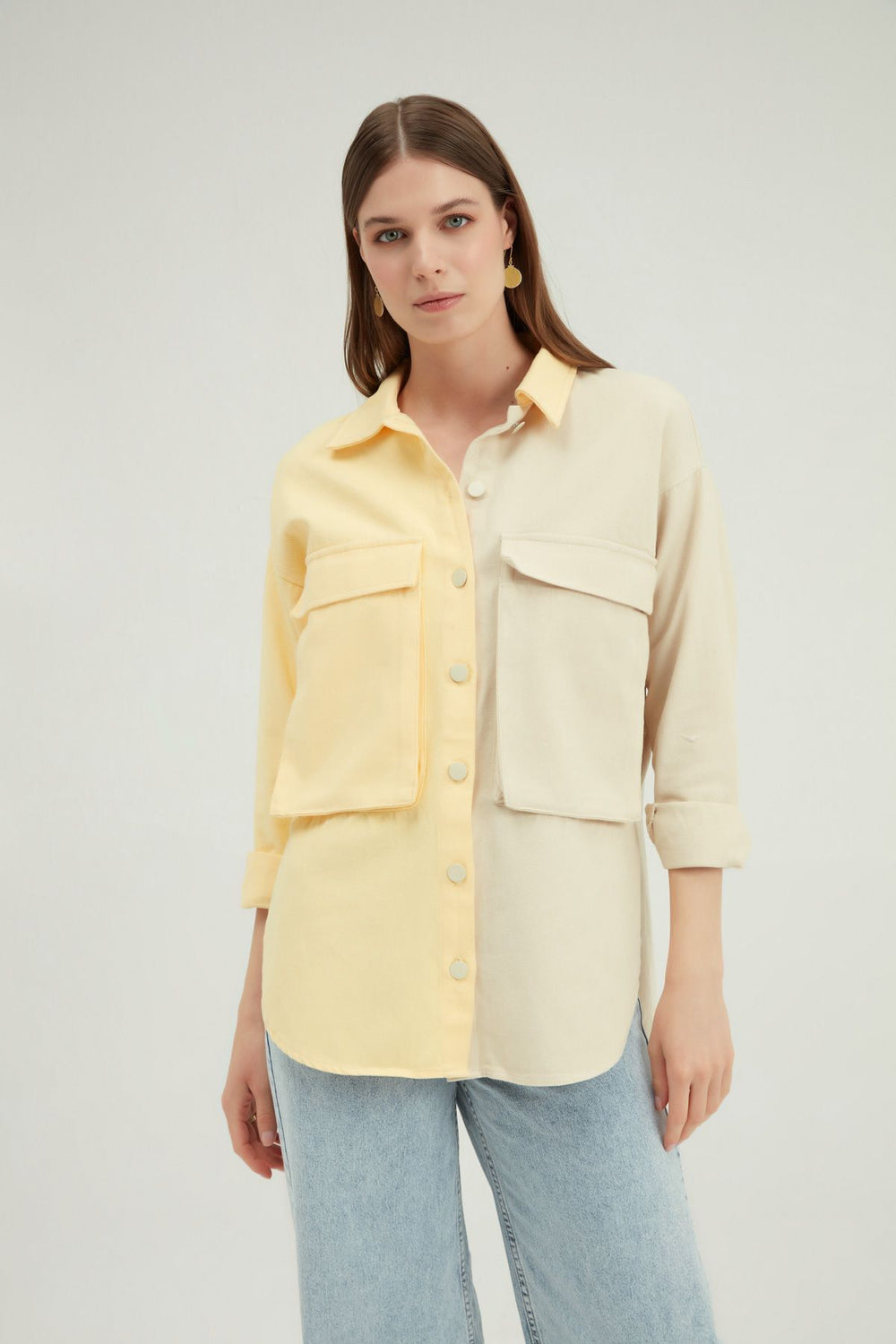 Two Color Pocket Gabardine Shirt Yellow