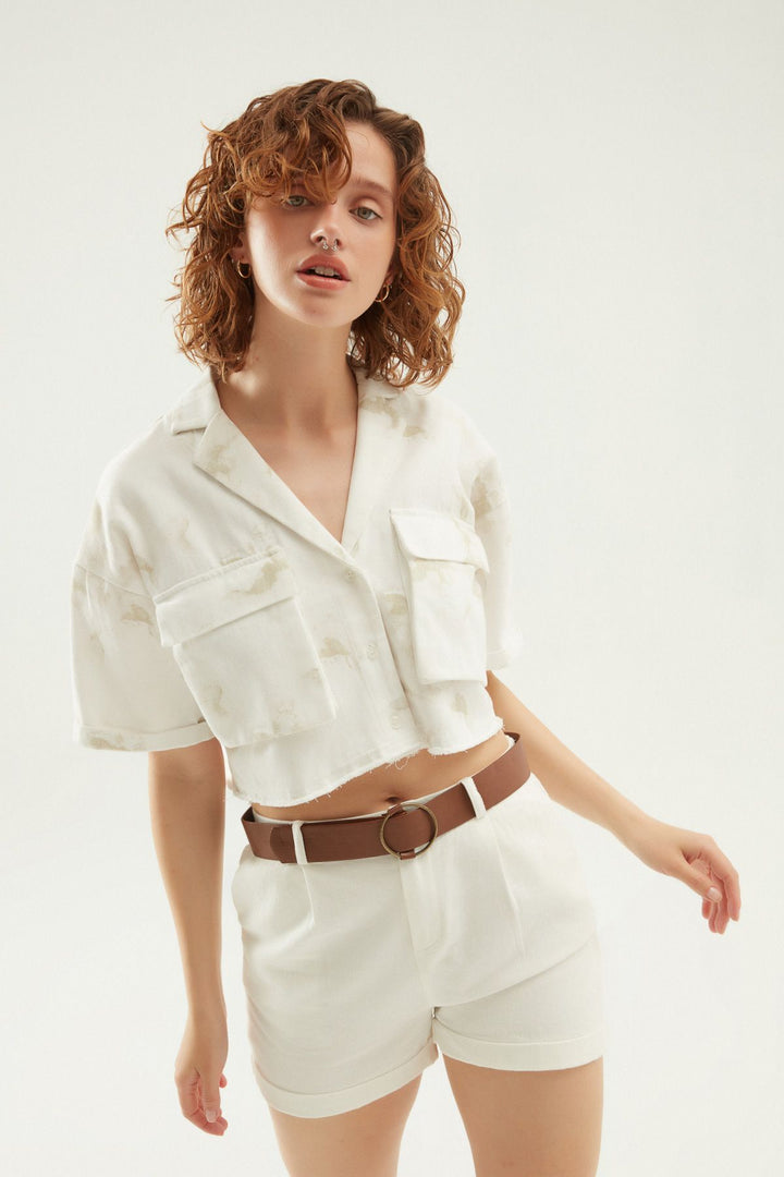 Desenli Cepli Crop Gömlek Beyaz