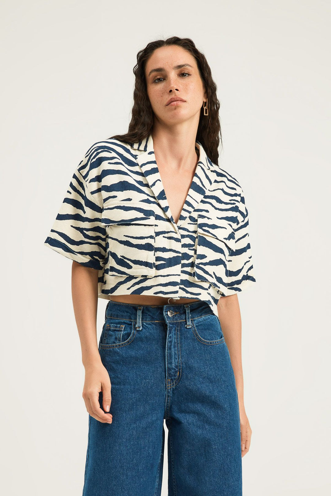 Zebra Desen Crop Gömlek İndigo