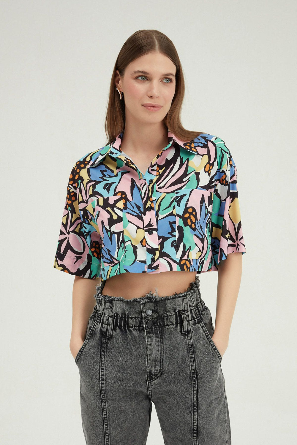 Patterned Crop Shirt Black