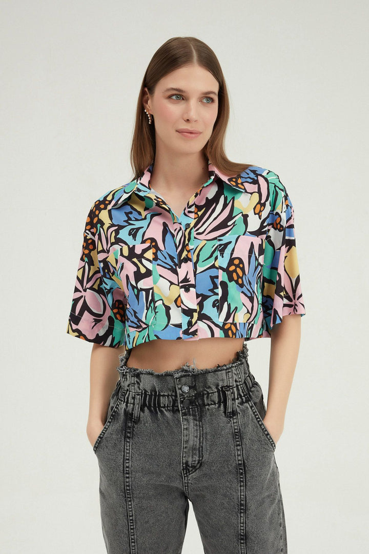 Patterned Crop Shirt Black