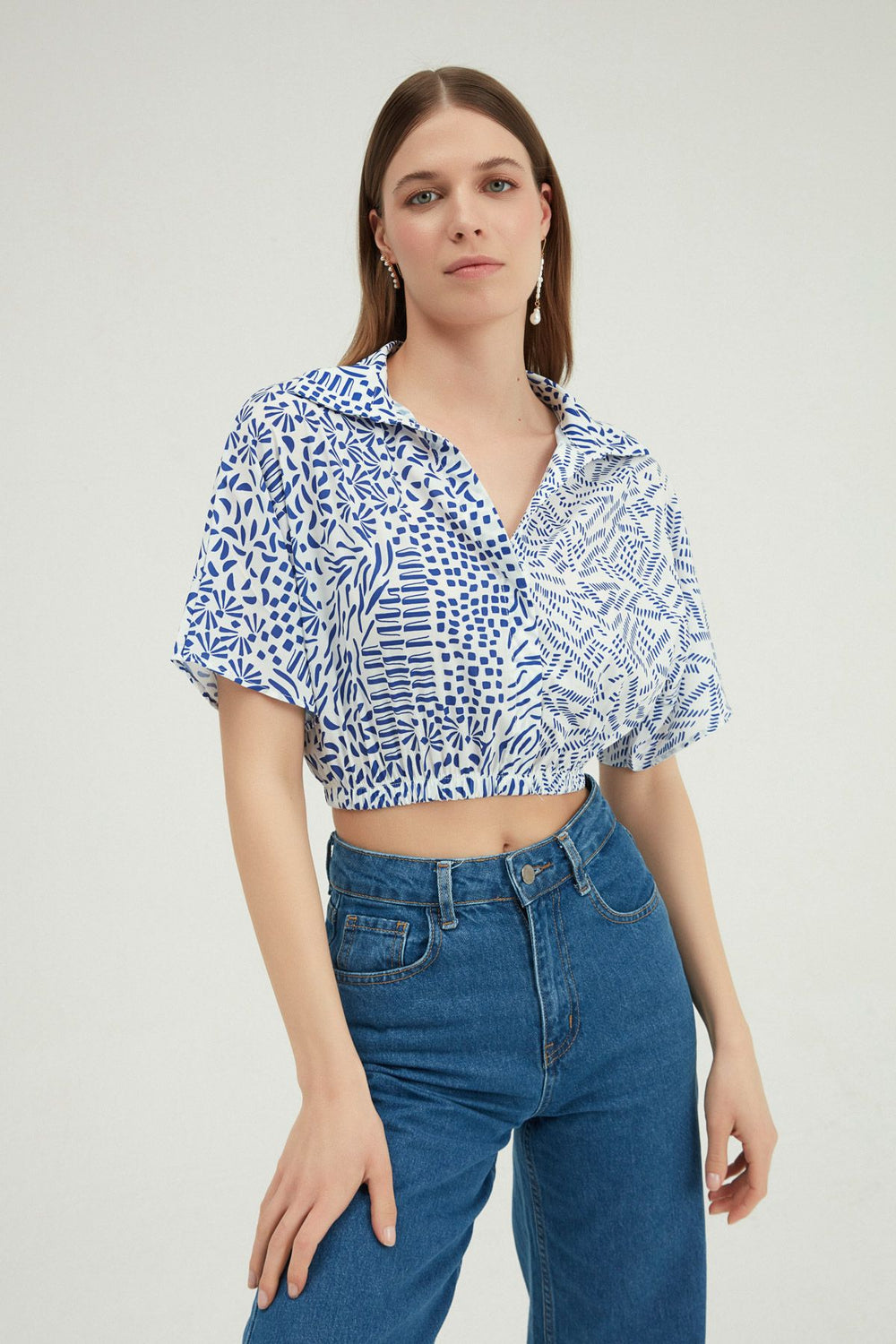 Patterned Crop Shirt Blue