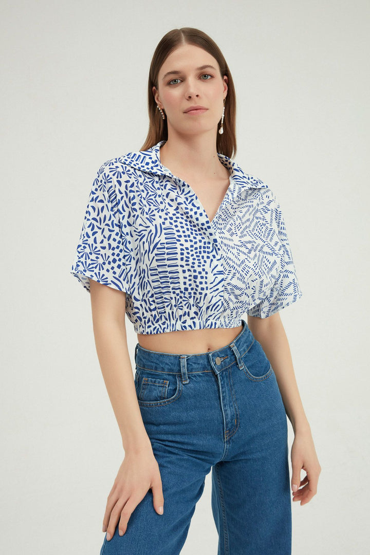 Patterned Crop Shirt Blue