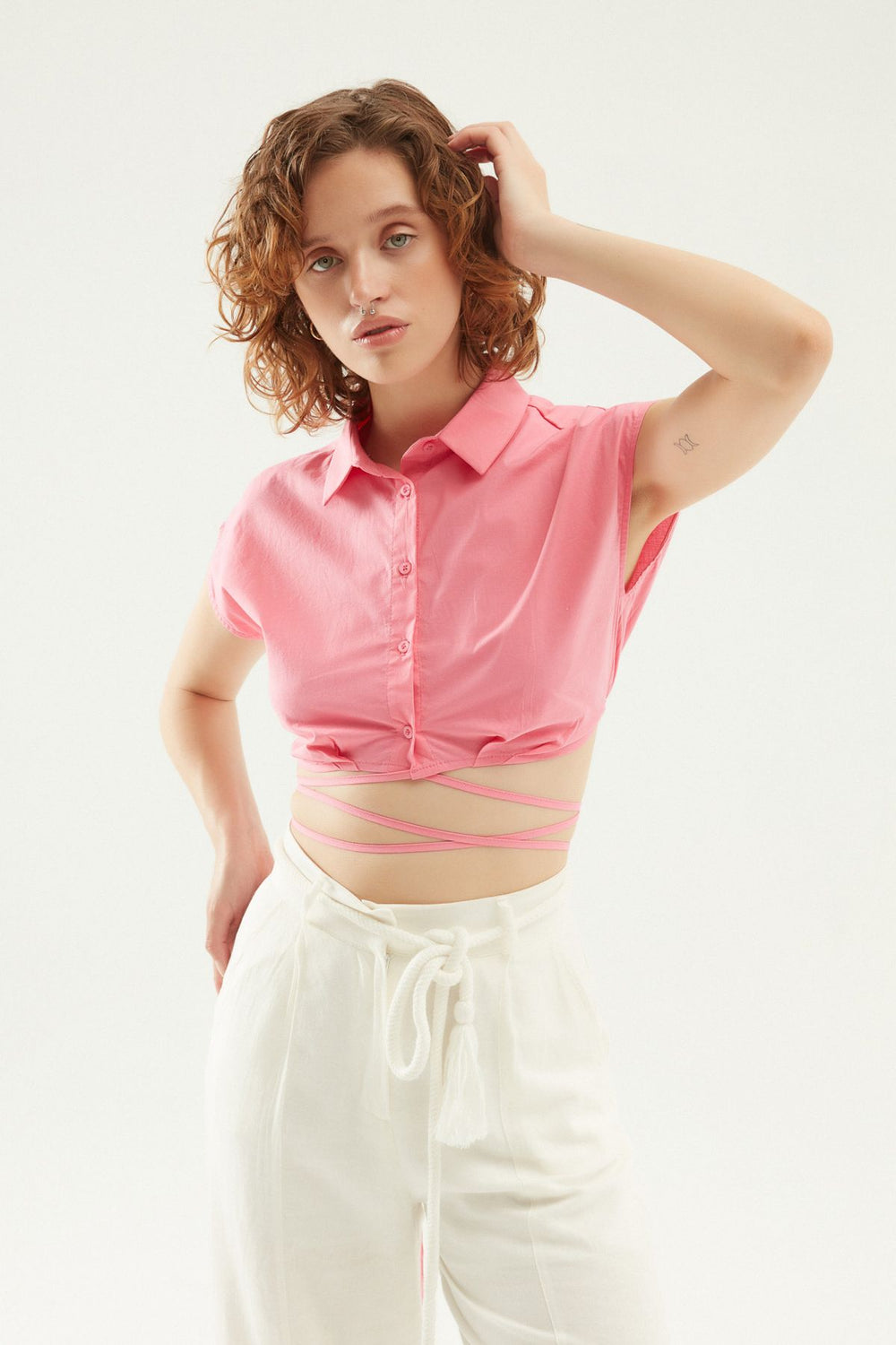 Tie Detailed Crop Shirt Candy Pink